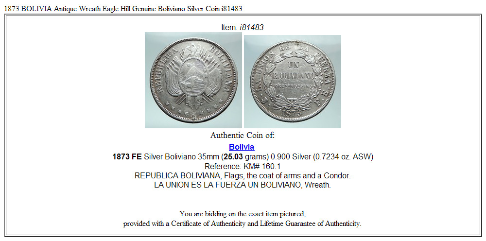 1873 BOLIVIA Antique Wreath Eagle Hill Genuine Boliviano Silver Coin i81483