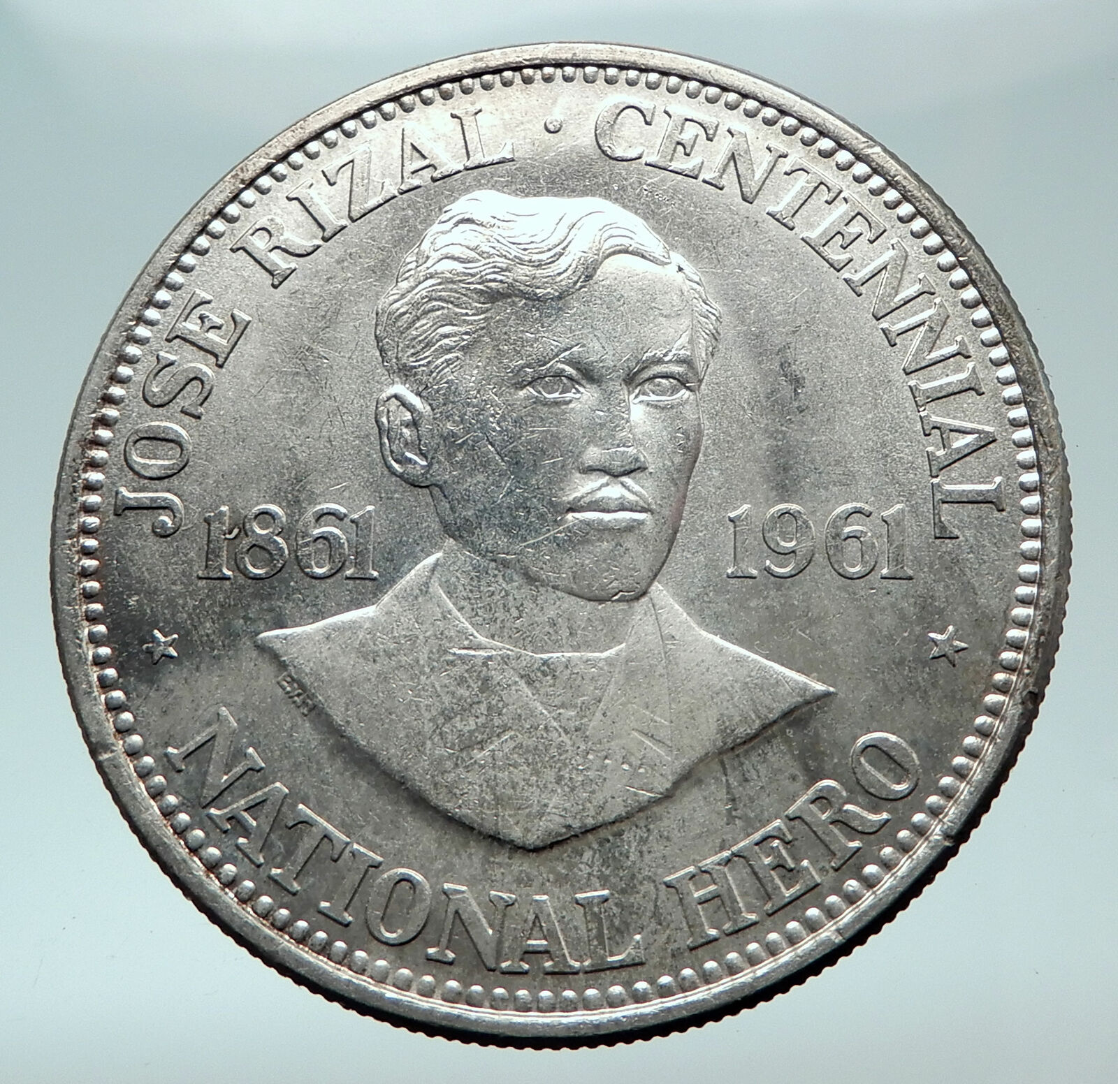 1961 PHILIPPINES with Jose Rizal Nationalist Antique Silver 1 Peso Coin i81496