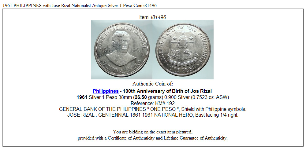 1961 PHILIPPINES with Jose Rizal Nationalist Antique Silver 1 Peso Coin i81496