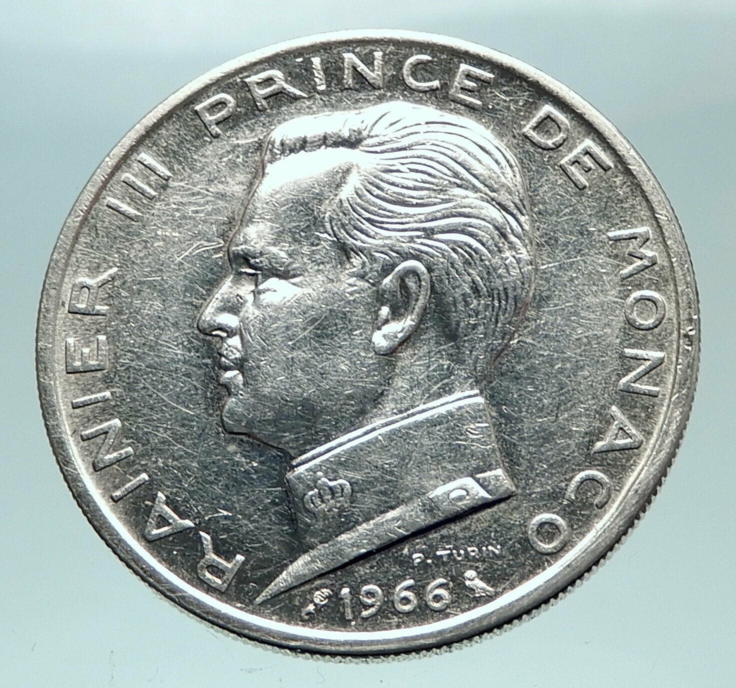 1966 MONACO King Rainier III Crown Antique Genuine Silver 5 Franc Coin i81954