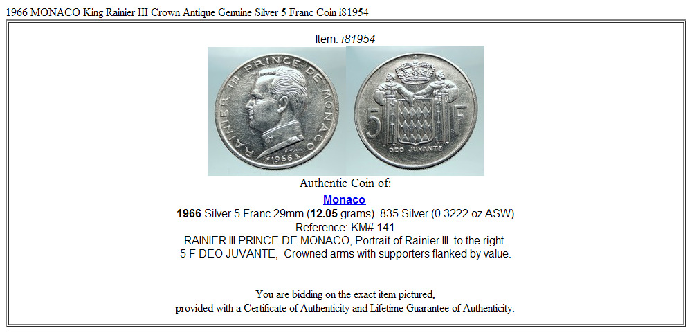 1966 MONACO King Rainier III Crown Antique Genuine Silver 5 Franc Coin i81954