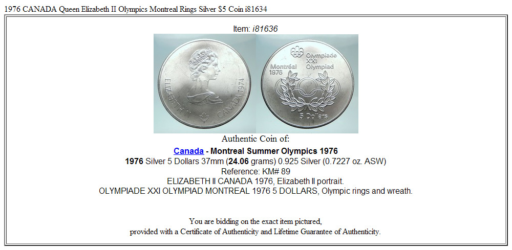 1976 CANADA Queen Elizabeth II Olympics Montreal Rings Silver $5 Coin i81636