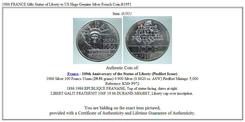 1986 FRANCE Gifts Statue of Liberty to US Huge Genuine Silver French Coin i81951