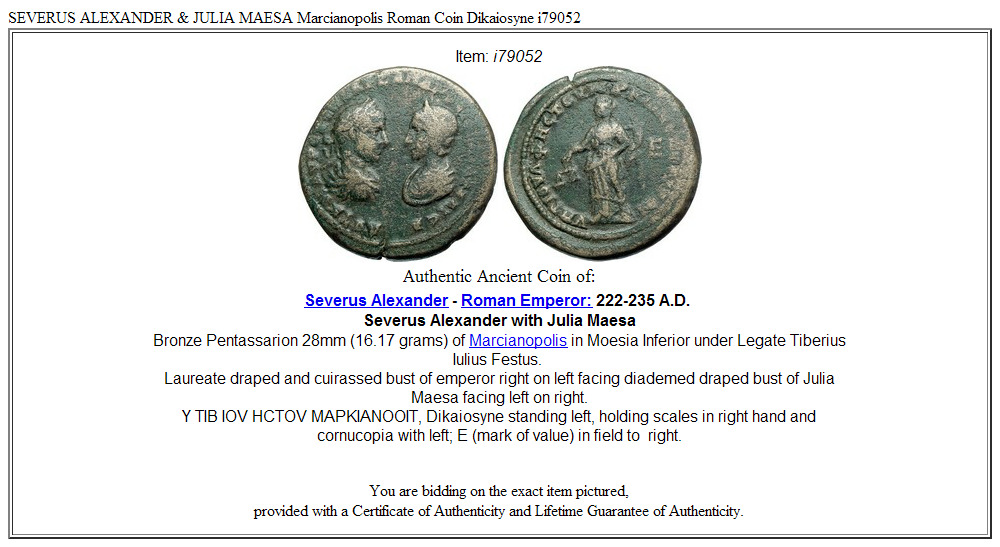 SEVERUS ALEXANDER & JULIA MAESA Marcianopolis Roman Coin Dikaiosyne i79052