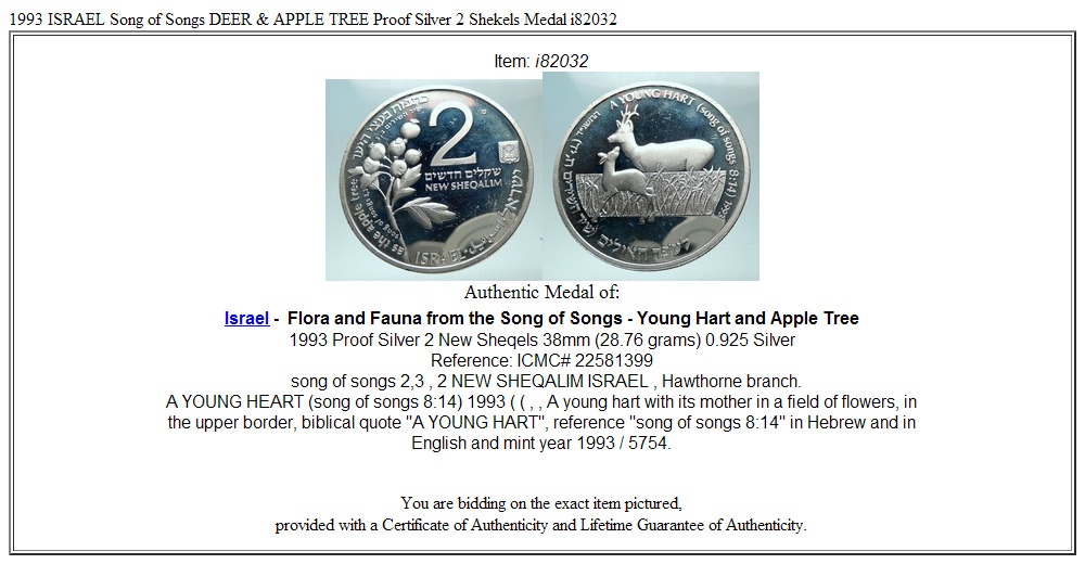 1993 ISRAEL Song of Songs DEER & APPLE TREE Proof Silver 2 Shekels Medal i82032