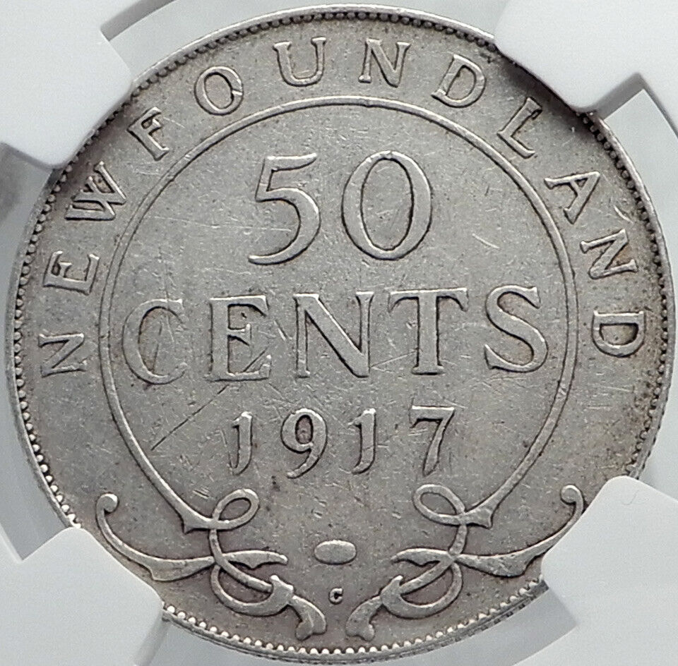 1917 CANADA Newfoundland UK King George V Genuine SILVER 50CENTS Coin NGC i81978