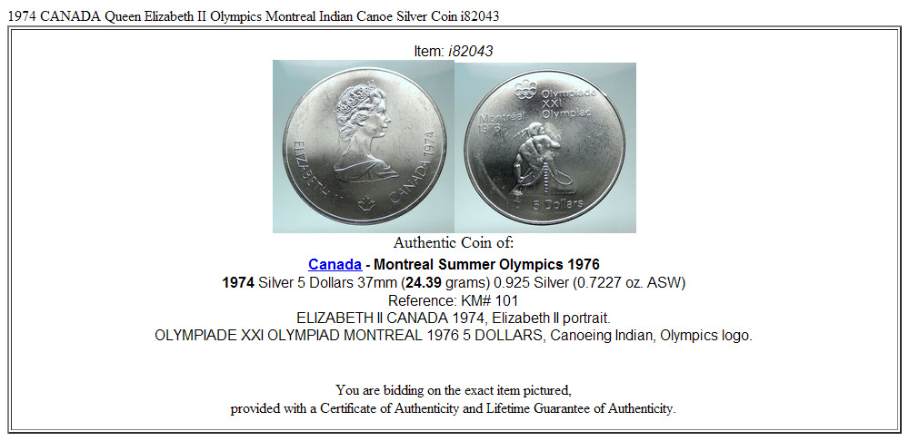 1974 CANADA Queen Elizabeth II Olympics Montreal Indian Canoe Silver Coin i82043