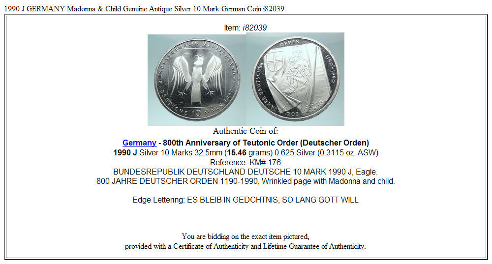 1990 J GERMANY Madonna & Child Genuine Antique Silver 10 Mark German Coin i82039