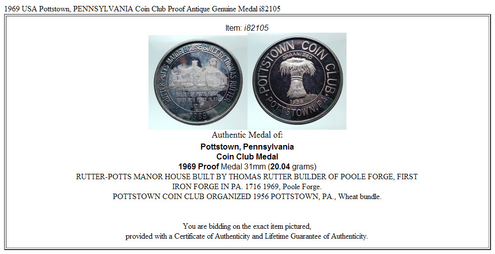 1969 USA Pottstown, PENNSYLVANIA Coin Club Proof Antique Genuine Medal i82105