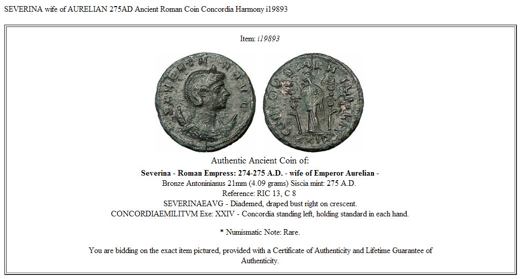 SEVERINA wife of AURELIAN 275AD Ancient Roman Coin Concordia Harmony i19893