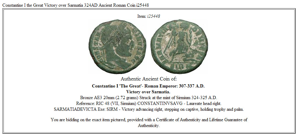 Constantine I the Great Victory over Sarmatia 324AD Ancient Roman Coin i25448