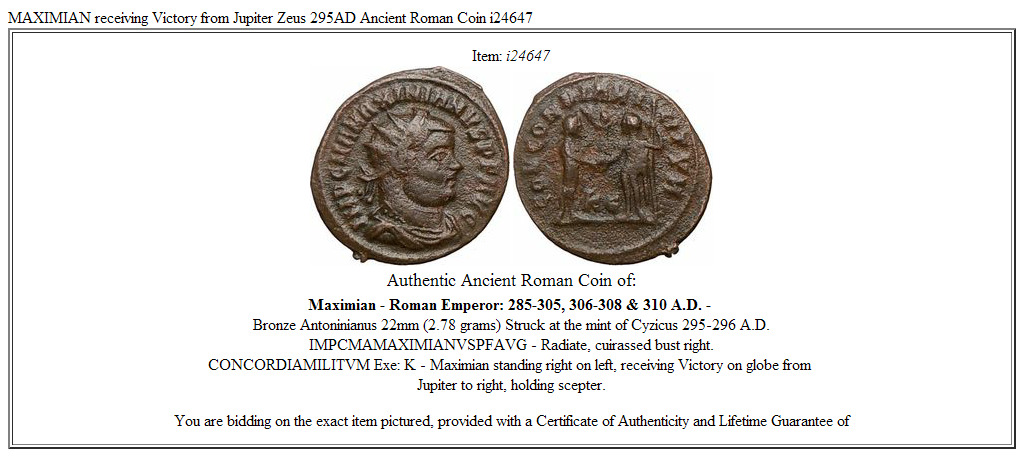 MAXIMIAN receiving Victory from Jupiter Zeus 295AD Ancient Roman Coin i24647