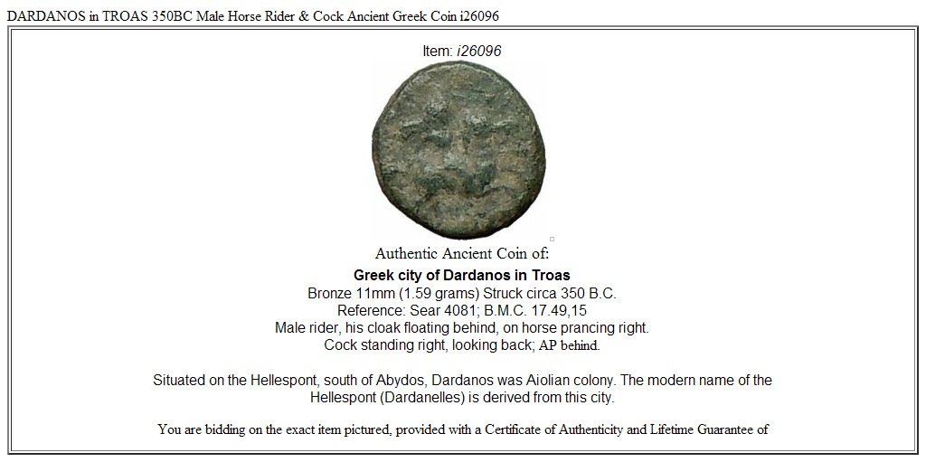 DARDANOS in TROAS 350BC Male Horse Rider & Cock Ancient Greek Coin i26096