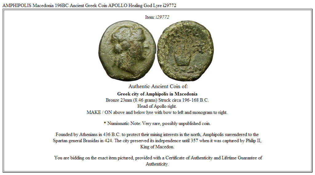 AMPHIPOLIS Macedonia 196BC Ancient Greek Coin APOLLO Healing God Lyre i29772