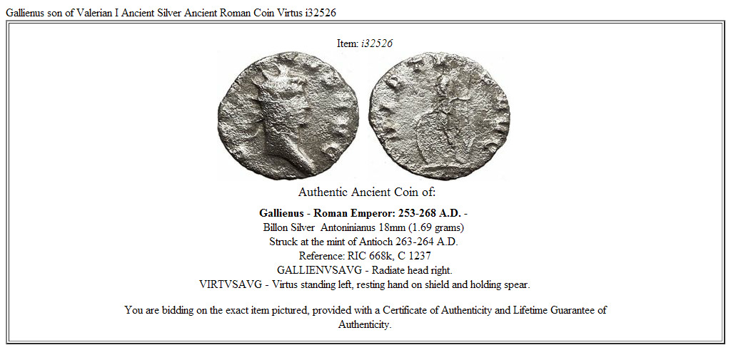 Gallienus son of Valerian I Ancient Silver Ancient Roman Coin Virtus i32526