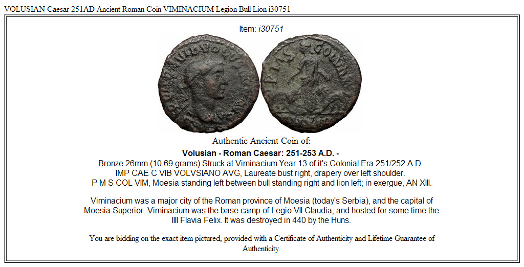 VOLUSIAN Caesar 251AD Ancient Roman Coin VIMINACIUM Legion Bull Lion i30751