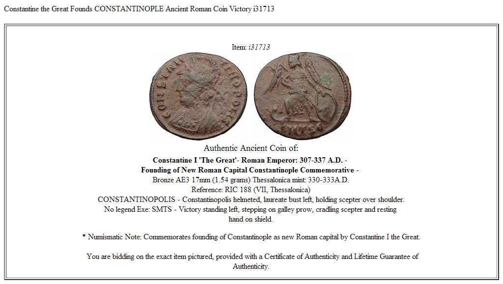 Constantine the Great Founds CONSTANTINOPLE Ancient Roman Coin Victory i31713