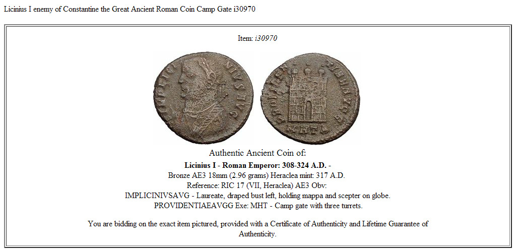Licinius I enemy of Constantine the Great Ancient Roman Coin Camp Gate i30970
