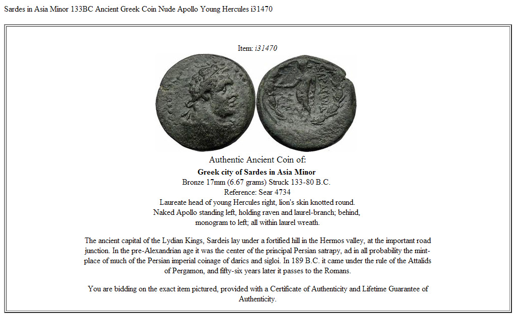 Sardes in Asia Minor 133BC Ancient Greek Coin Nude Apollo Young Hercules i31470