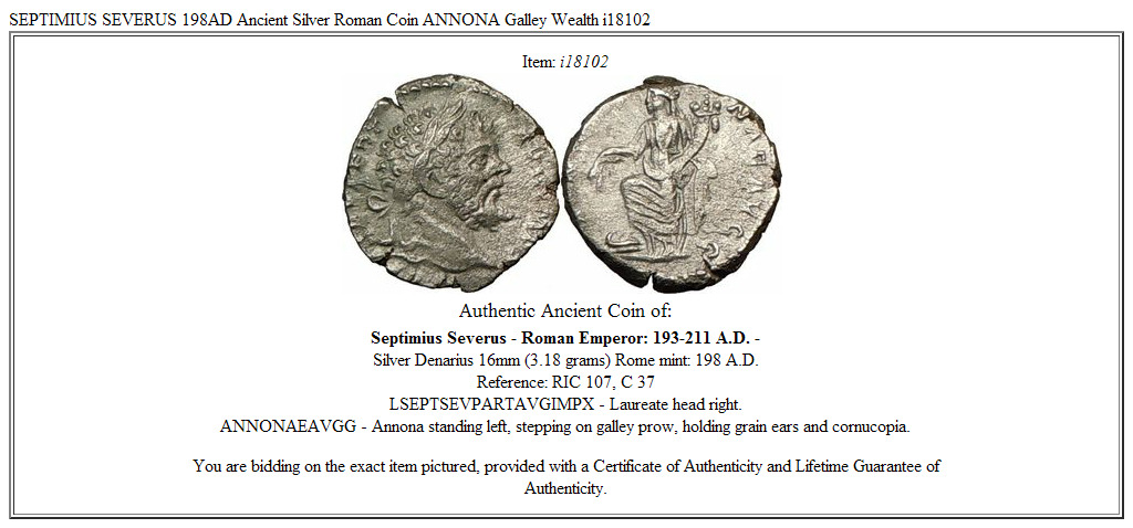 SEPTIMIUS SEVERUS 198AD Ancient Silver Roman Coin ANNONA Galley Wealth i18102