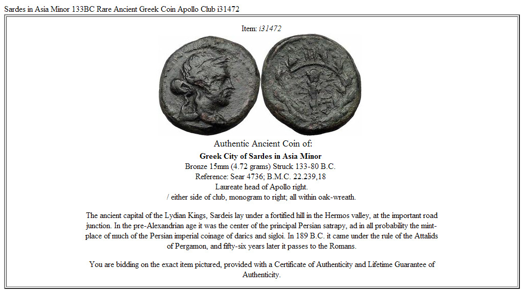 Sardes in Asia Minor 133BC Rare Ancient Greek Coin Apollo Club i31472