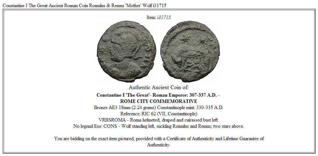Constantine I The Great Ancient Roman Coin Romulus & Remus 'Mother' Wolf i31715