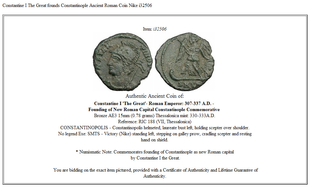 Constantine I The Great founds Constantinople Ancient Roman Coin Nike i32506