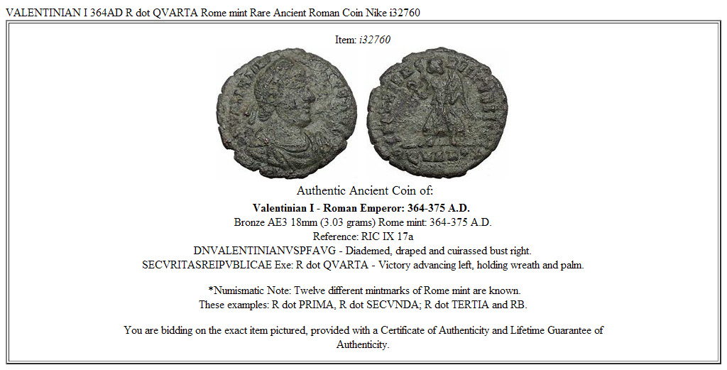 VALENTINIAN I 364AD R dot QVARTA Rome mint Rare Ancient Roman Coin Nike i32760