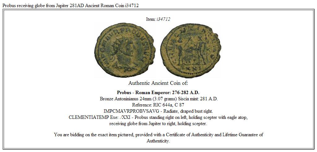 Probus receiving globe from Jupiter 281AD Ancient Roman Coin i34712