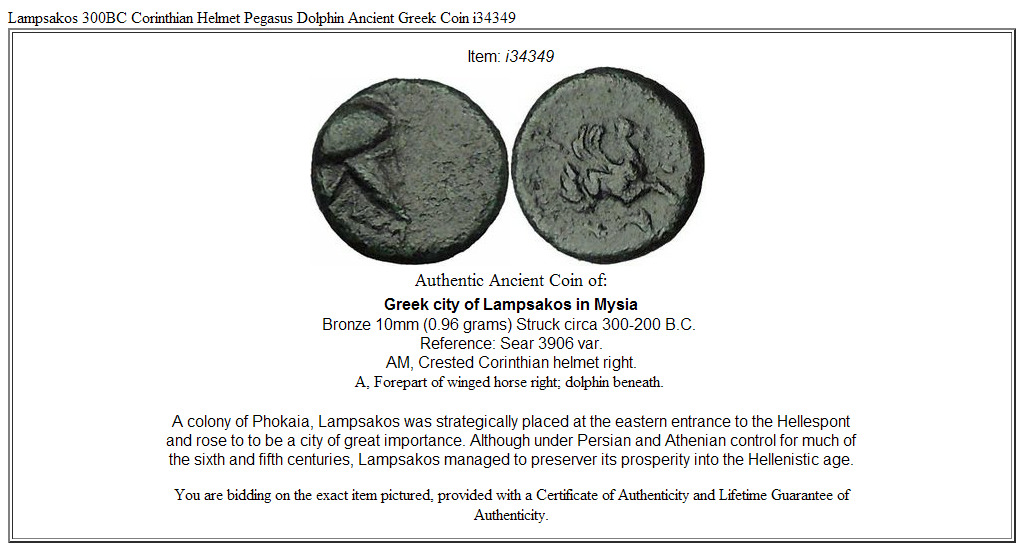 Lampsakos 300BC Corinthian Helmet Pegasus Dolphin Ancient Greek Coin i34349