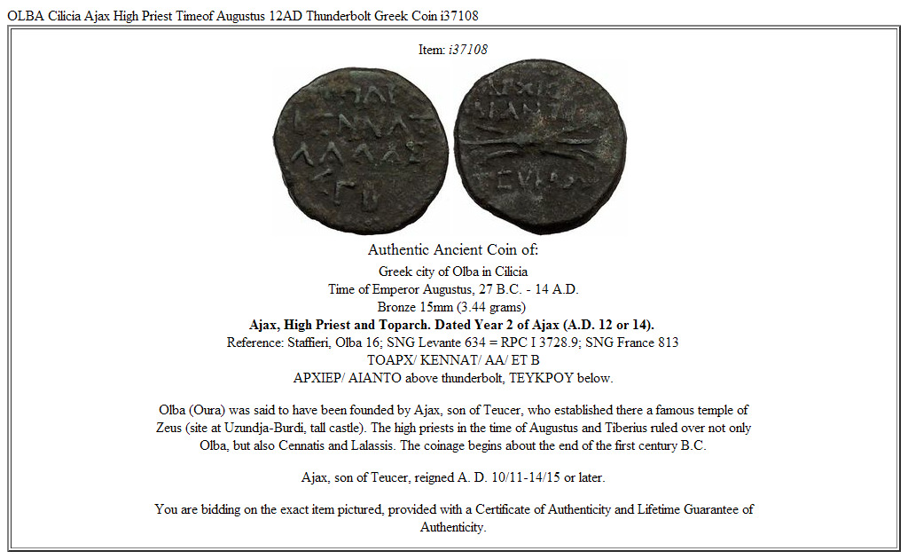 OLBA Cilicia Ajax High Priest Timeof Augustus 12AD Thunderbolt Greek Coin i37108