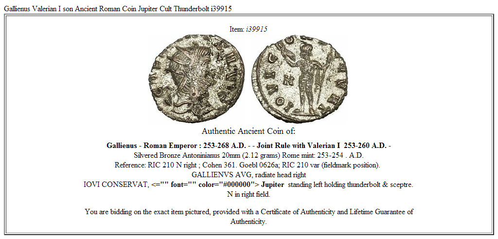 Gallienus Valerian I son Ancient Roman Coin Jupiter Cult Thunderbolt i39915