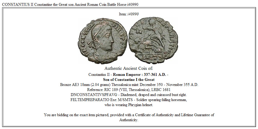 CONSTANTIUS II Constantine the Great son Ancient Roman Coin Battle Horse i40990