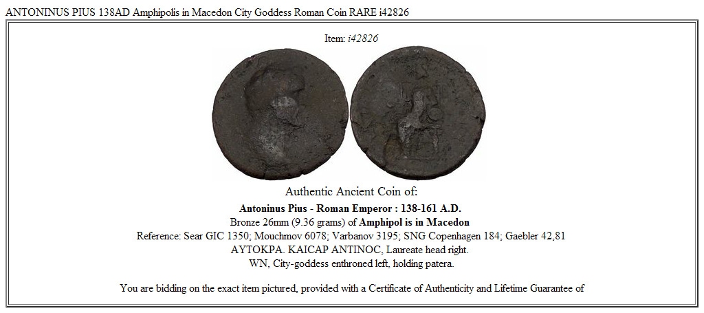 ANTONINUS PIUS 138AD Amphipolis in Macedon City Goddess Roman Coin RARE i42826