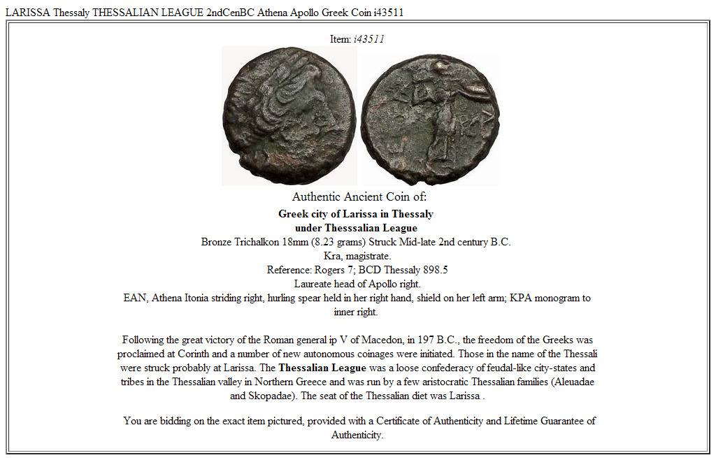 LARISSA Thessaly THESSALIAN LEAGUE 2ndCenBC Athena Apollo Greek Coin i43511