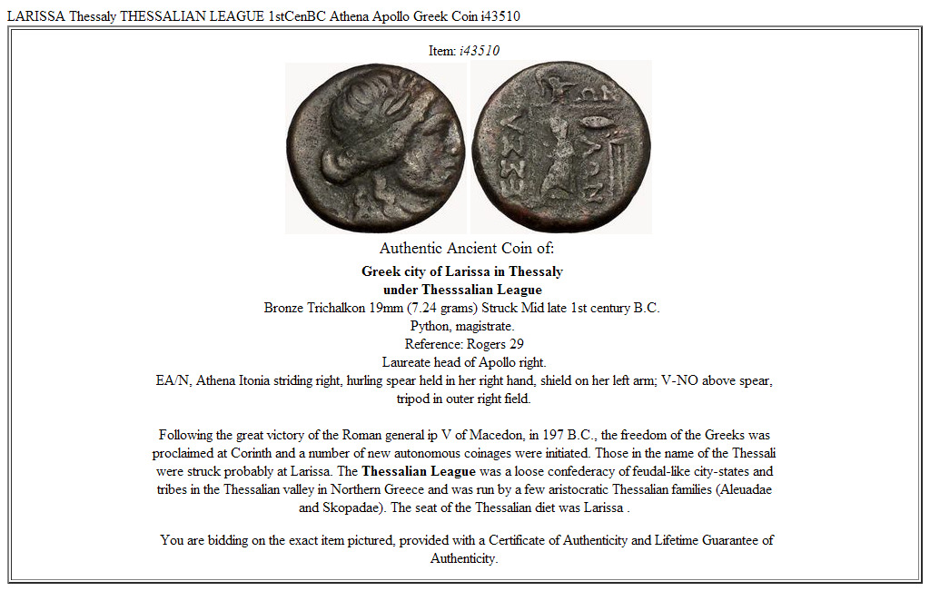 LARISSA Thessaly THESSALIAN LEAGUE 1stCenBC Athena Apollo Greek Coin i43510