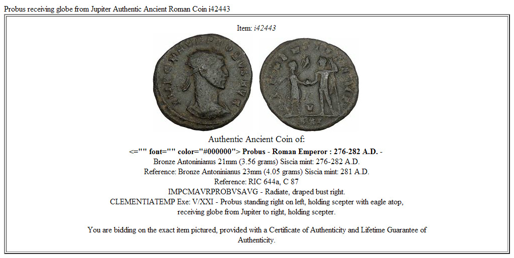 Probus receiving globe from Jupiter Authentic Ancient Roman Coin i42443