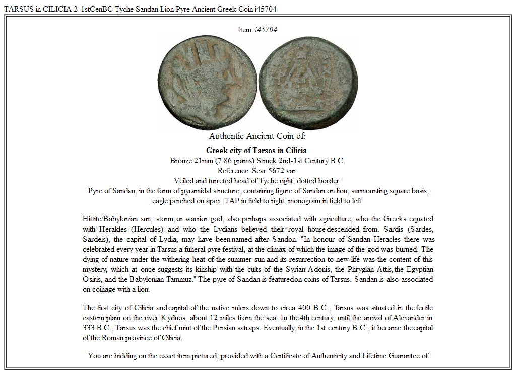 TARSUS in CILICIA 2-1stCenBC Tyche Sandan Lion Pyre Ancient Greek Coin i45704