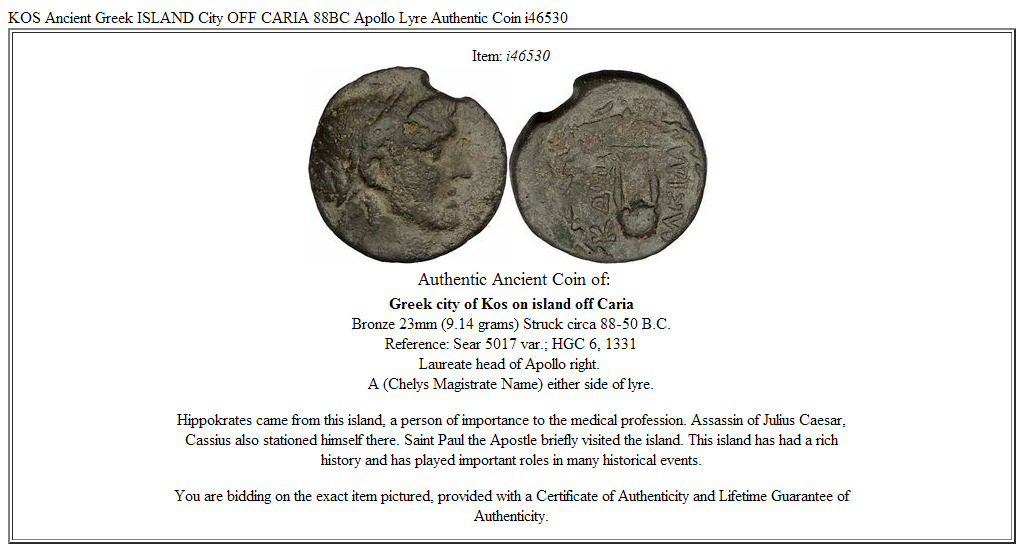 KOS Ancient Greek ISLAND City OFF CARIA 88BC Apollo Lyre Authentic Coin i46530