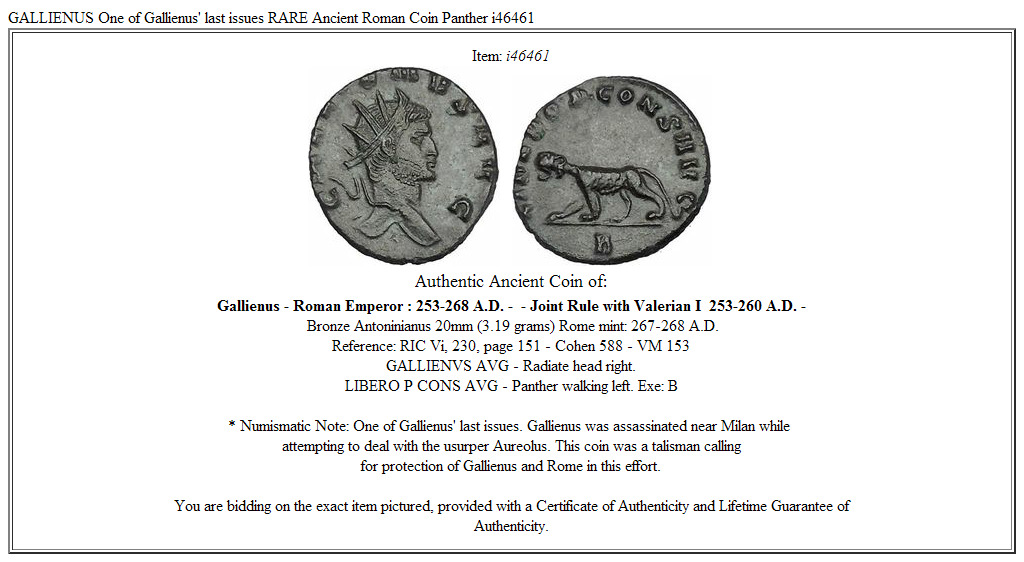 GALLIENUS One of Gallienus' last issues RARE Ancient Roman Coin Panther i46461