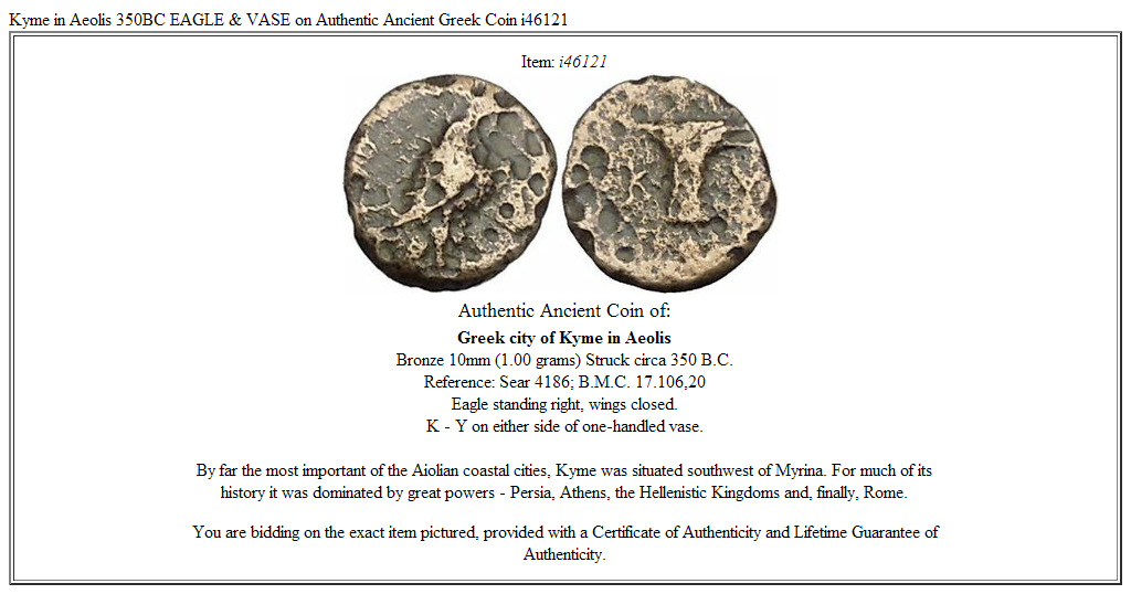 Kyme in Aeolis 350BC EAGLE & VASE on Authentic Ancient Greek Coin i46121