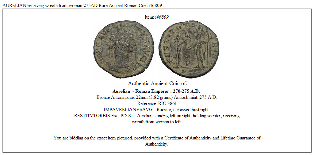 AURELIAN receiving wreath from woman 275AD Rare Ancient Roman Coin i46809