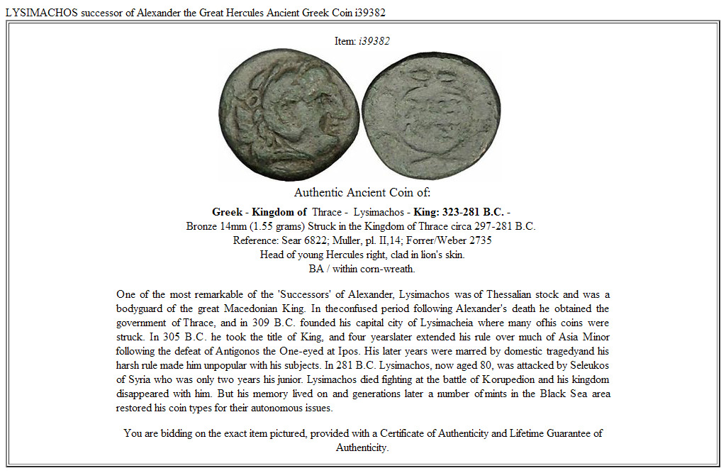 LYSIMACHOS successor of Alexander the Great Hercules Ancient Greek Coin i39382