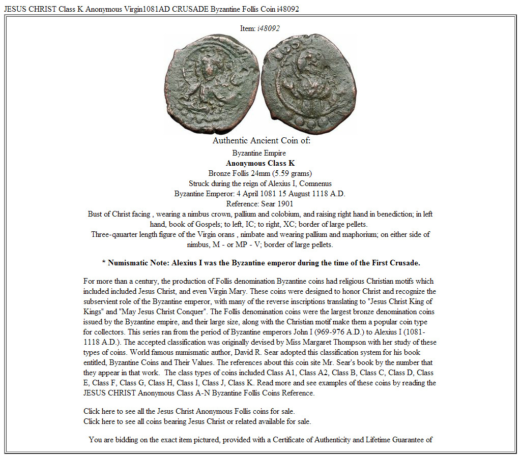 JESUS CHRIST Class K Anonymous Virgin1081AD CRUSADE Byzantine Follis Coin i48092