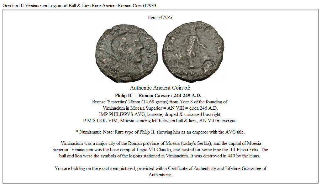 Gordian III Viminacium Legion od Bull & Lion Rare Ancient Roman Coin i47933
