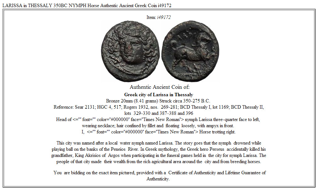 LARISSA in THESSALY 350BC NYMPH Horse Authentic Ancient Greek Coin i49172