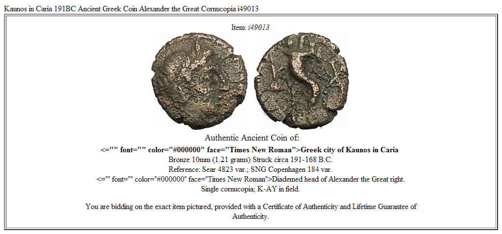 Kaunos in Caria 191BC Ancient Greek Coin Alexander the Great Cornucopia i49013