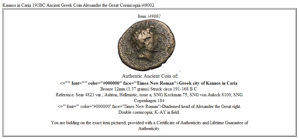 Kaunos in Caria 191BC Ancient Greek Coin Alexander the Great Cornucopia i49002