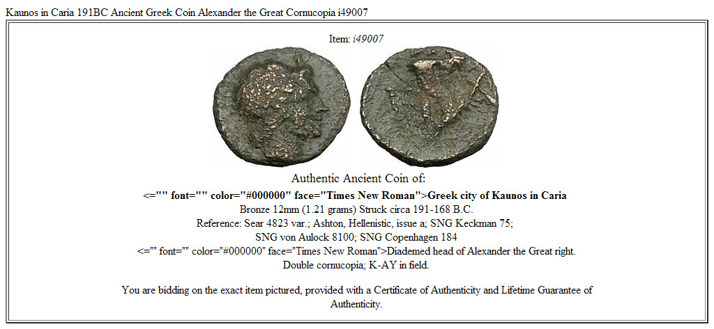 Kaunos in Caria 191BC Ancient Greek Coin Alexander the Great Cornucopia i49007