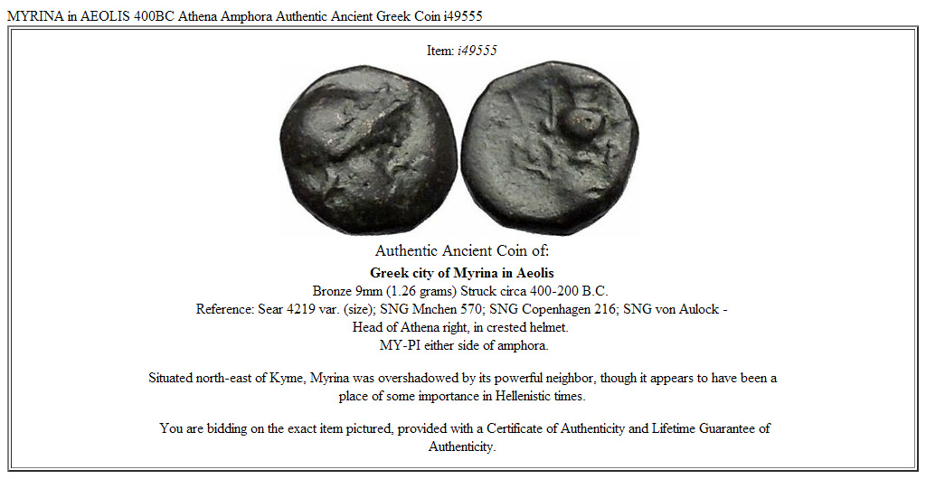 MYRINA in AEOLIS 400BC Athena Amphora Authentic Ancient Greek Coin i49555